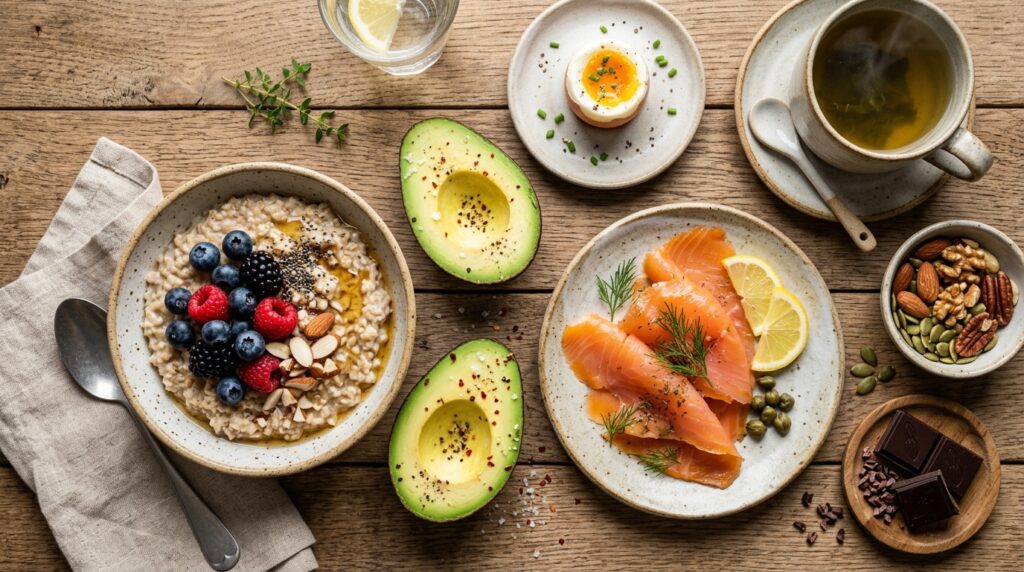 healthy foods that help burn belly fat including avocado eggs salmon berries oats and nuts