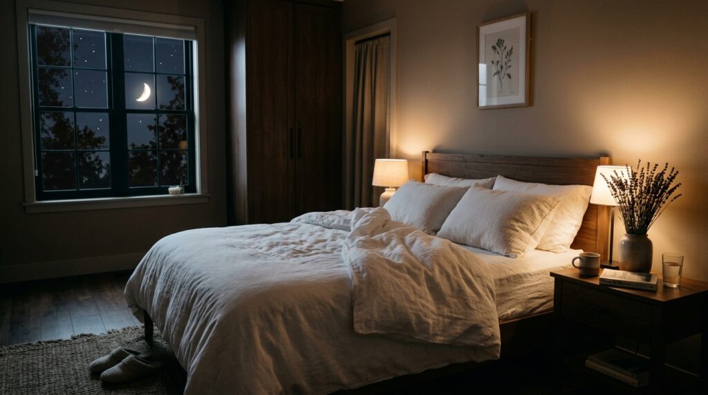 Peaceful sleep environment, soft lamp light, cozy bed