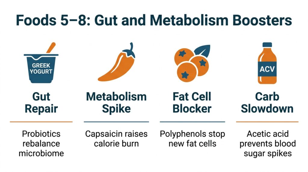 Infographic of foods 5 to 8 — Greek yogurt, chili peppers, berries, apple cider vinegar for gut health and metabolism
