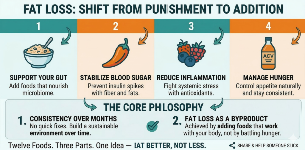 Complete infographic of 12 science-backed foods that burn belly fat naturally — hormones gut health metabolism and fiber