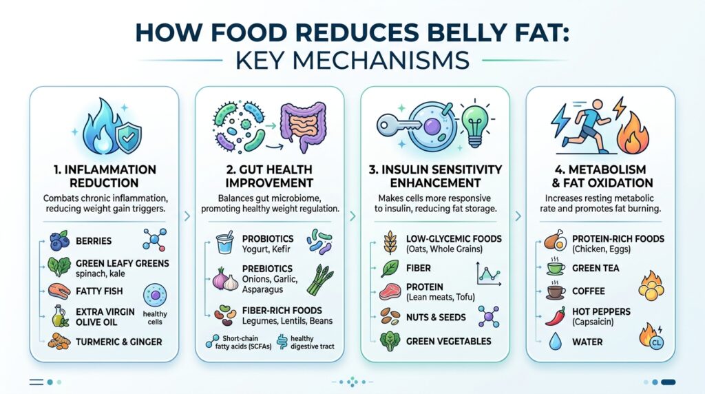 infographic explaining how foods help reduce belly fat