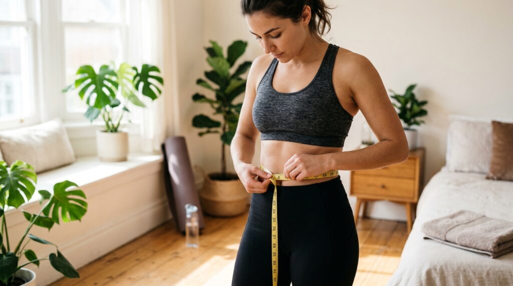 person measuring belly fat with tape measure stubborn belly fat concept