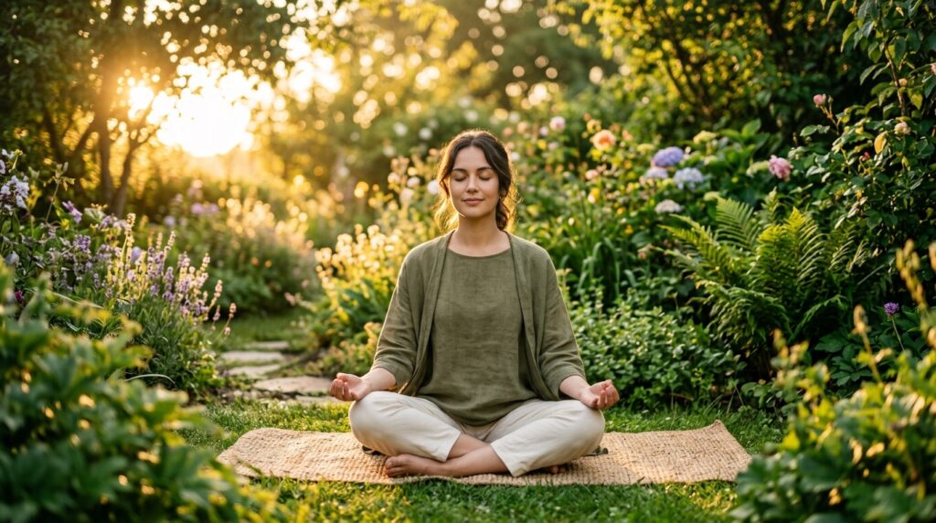 Person sitting peacefully in nature, morning light, soft greens