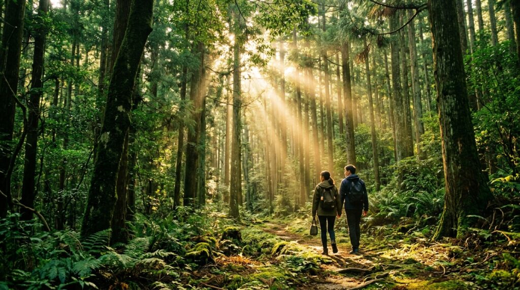 Sunlight streaming through a dense forest canopy