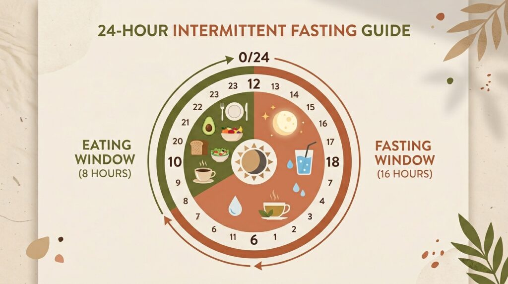 A visual diagram of a 16:8 intermittent fasting schedule showing an 8-hour eating window and 16-hour fasting window on a 24-hour clock