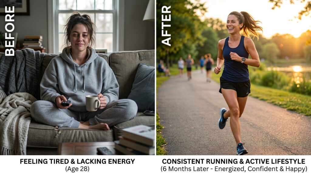 Person looking energetic and confident after achieving weight loss goals through consistent walking and running