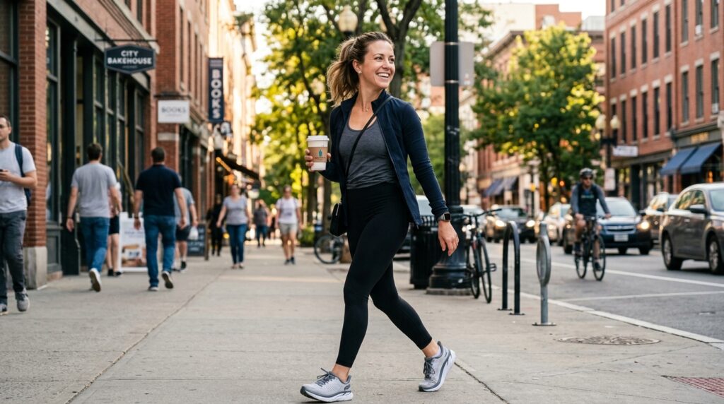 Woman walking briskly on a city sidewalk as part of her daily movement routine for weight loss