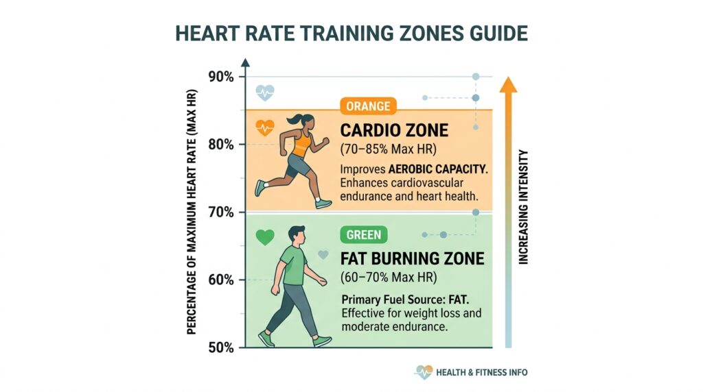 Infographic showing fat burning zone at 60–70% heart rate for walking and cardio zone at 70–85% for running