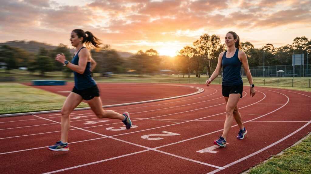 Person doing walk-run interval training on an outdoor track at sunrise for weight loss