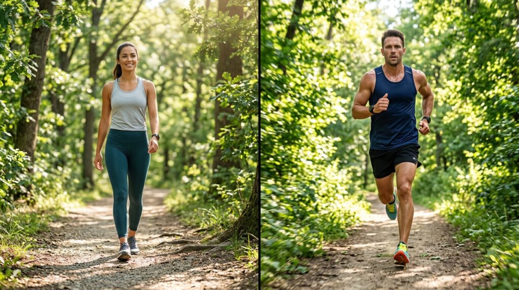 Woman walking and man running side by side on a park trail — walking vs running for weight loss comparison
