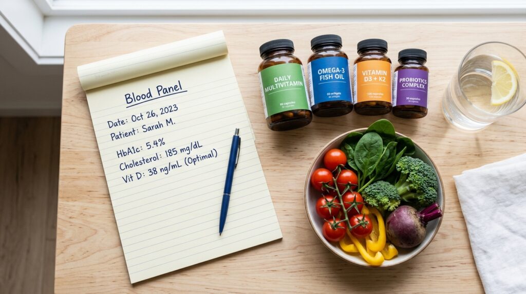 Blood test notepad supplement bottles and fresh vegetables flat lay