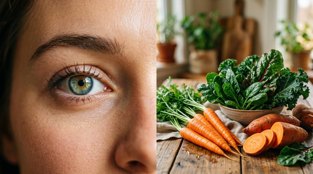 Close-up of human eye beside Vitamin A rich vegetables