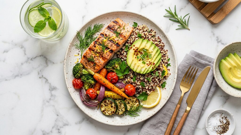 A balanced, nutrient-dense meal spread perfect for an intermittent fasting eating window — featuring lean protein, healthy fats, and colorful vegetables