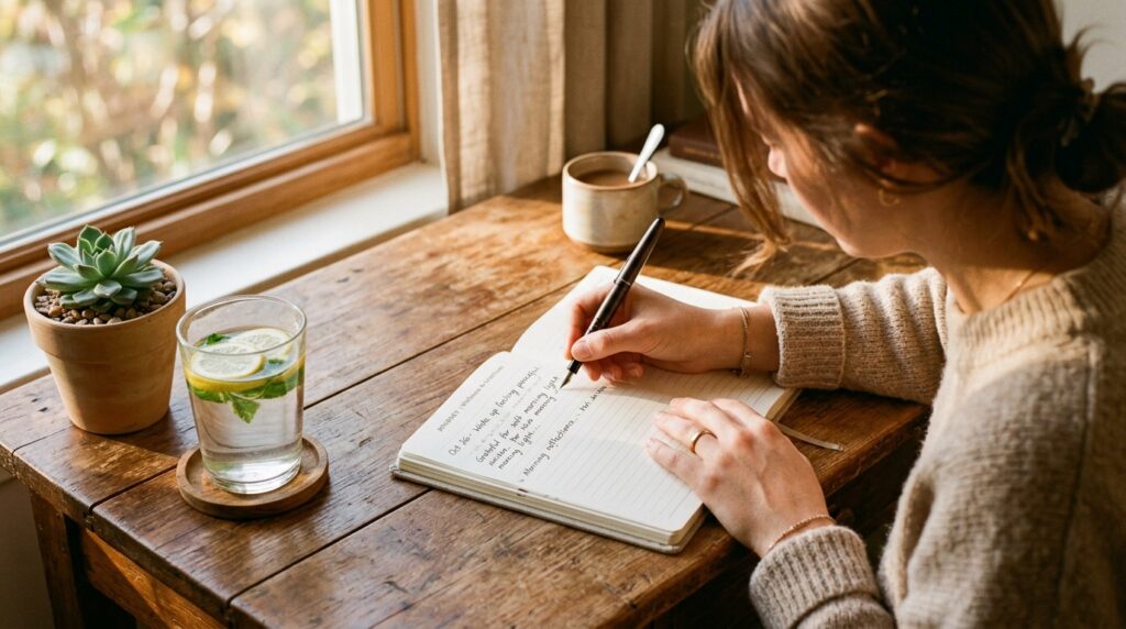 A person journaling their intermittent fasting progress in a cozy morning setting with a glass of water beside them — symbolizing intention and habit tracking