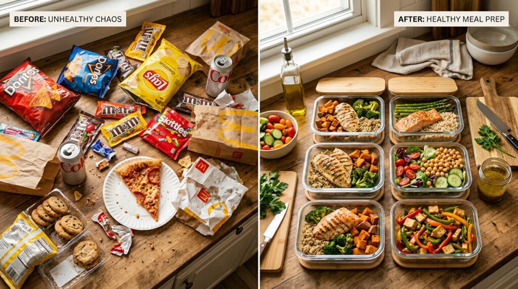Side-by-side comparison of unhealthy snacking habits versus a clean, balanced meal prep spread showing the dietary shift encouraged by intermittent fasting