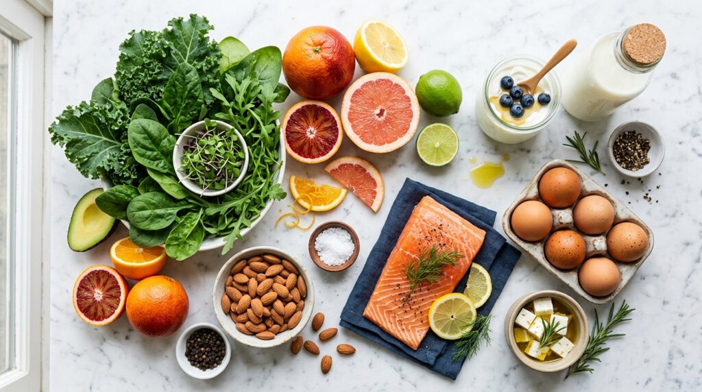 Vitamin-rich foods including fruits, greens, eggs, and fish on white marble