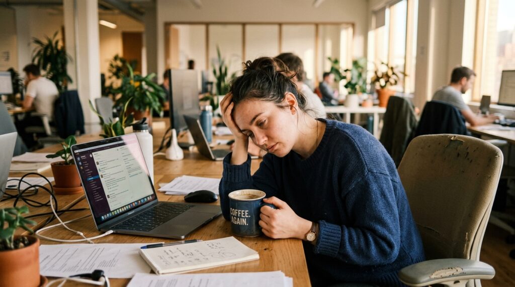 Exhausted person slumped at work desk holding coffee mug