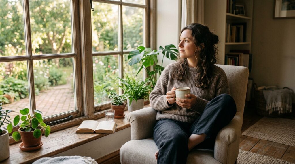 Thoughtful person sitting near sunlit window with warm morning light