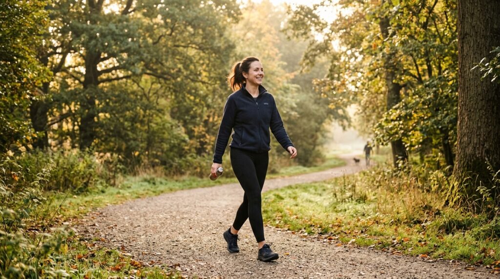A person on a morning walk during their fasting window, enjoying the outdoors — representing the active, mindful lifestyle that complements intermittent fasting for weight loss