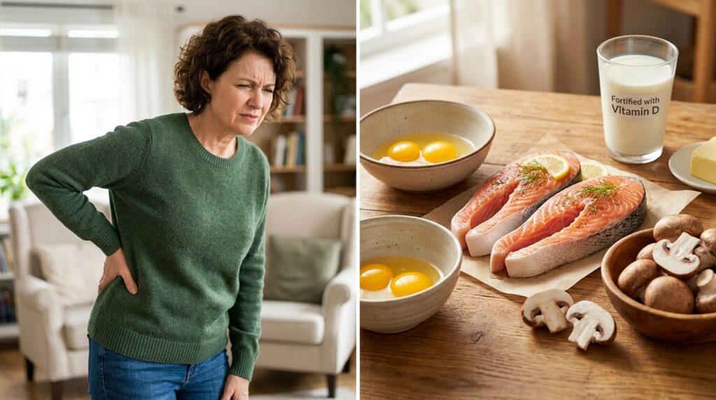 Person holding aching back beside Vitamin D rich foods