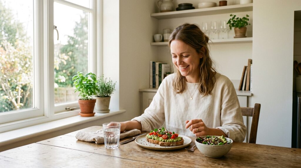A woman enjoying her first meal of the day during her eating window, sitting in a bright sunlit kitchen with a healthy meal and glass of water.